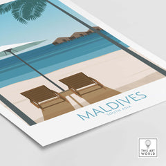 Maldives vintage travel poster print featuring beach chairs and tropical scenery, perfect for home or office decor.