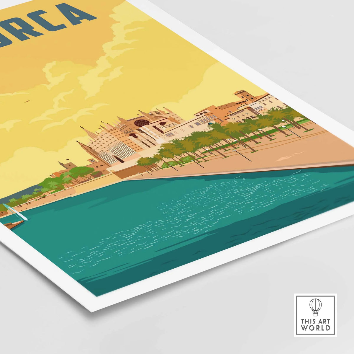 Mallorca Spain vintage travel print featuring coastal landscape and iconic architecture.