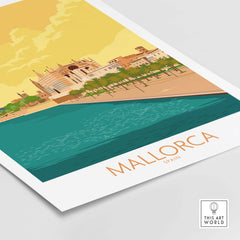Mallorca poster featuring vintage illustration of the island's coastline and architecture, perfect for travel enthusiasts.