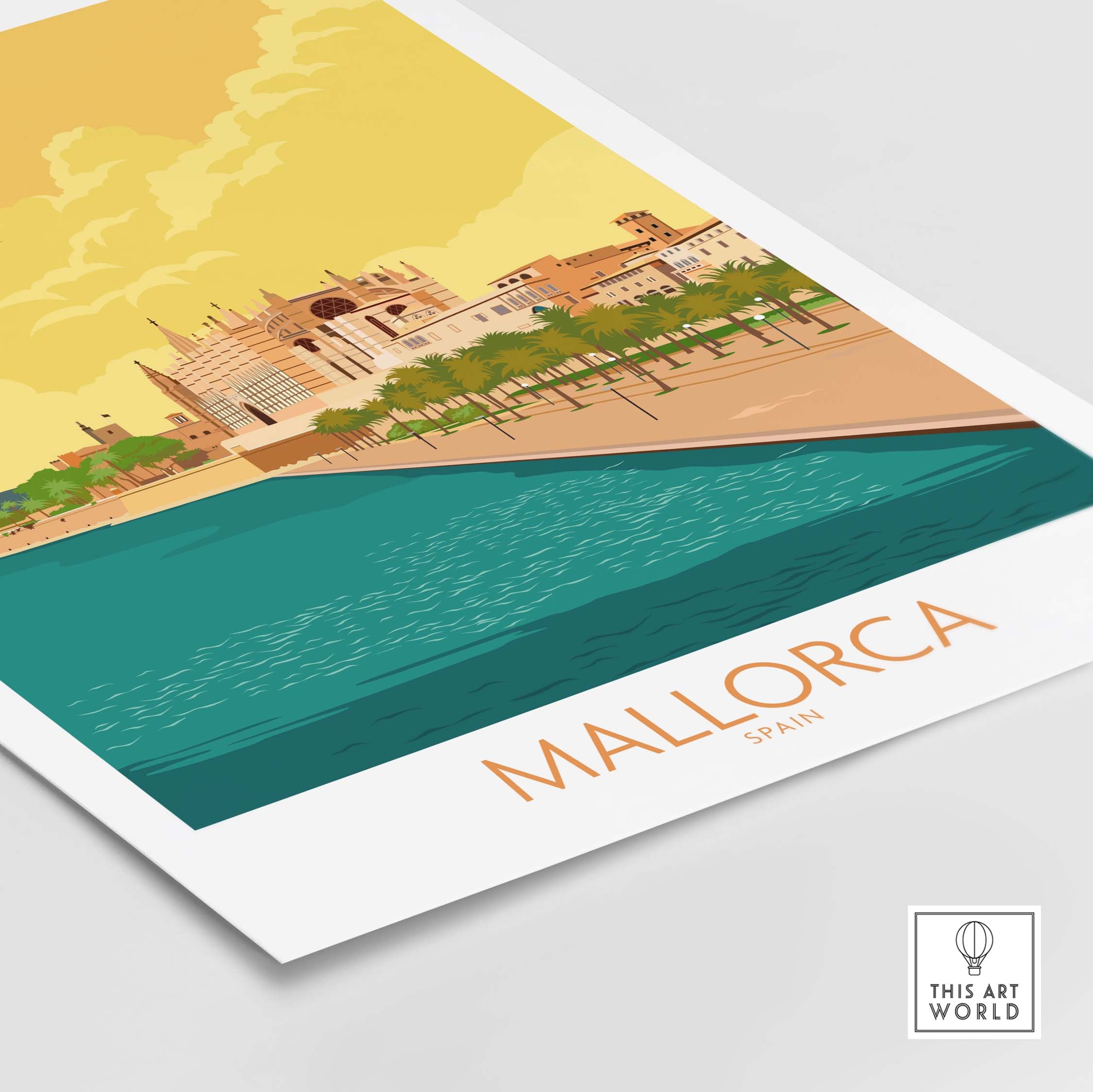 Mallorca poster featuring vintage illustration of the island's coastline and architecture, perfect for travel enthusiasts.