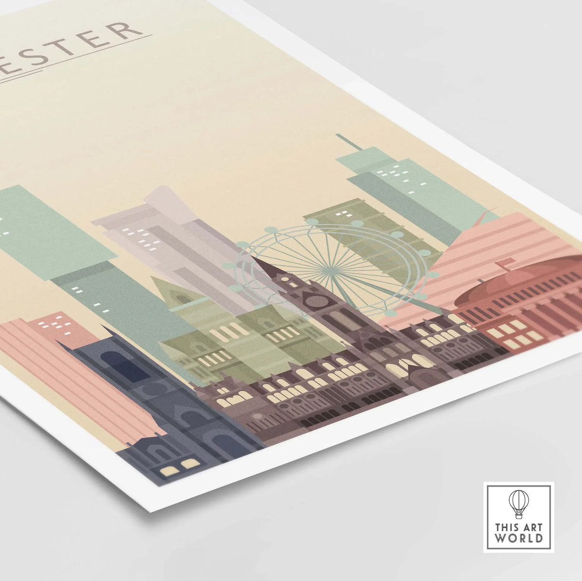 Pastel-toned Manchester City skyline print showcasing iconic architecture, perfect for wall decor.