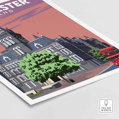 Manchester Poster Print featuring iconic buildings and a red bus, perfect for home or office wall art.