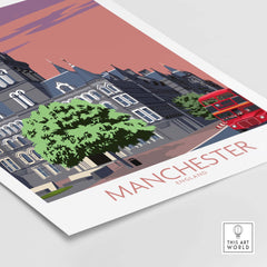 Manchester Art Print featuring a vintage style design with iconic buildings and a red double-decker bus in England.