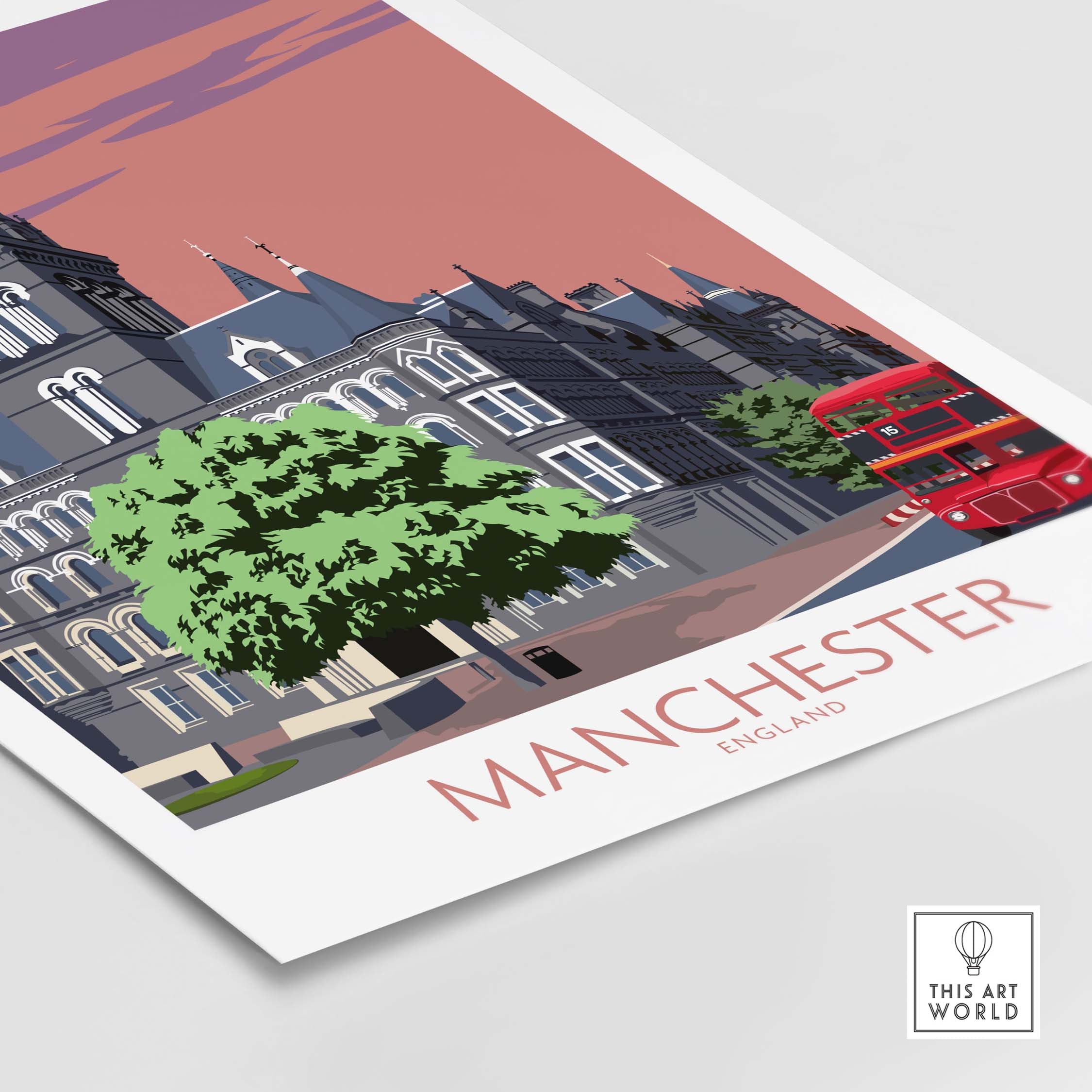 Manchester Art Print featuring a vintage style design with iconic buildings and a red double-decker bus in England.