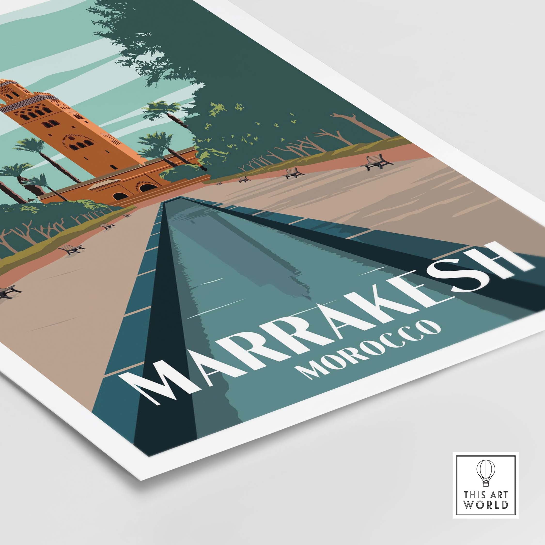 Marrakesh Print Morocco Poster featuring a vintage-inspired design with a tower and serene pool.