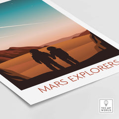 Mars Poster Print featuring two explorers gazing at the Martian landscape, inspired by vintage travel art.