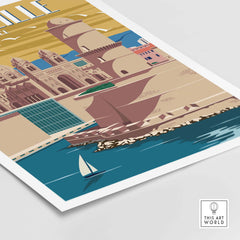 Vintage Marseille Print featuring sailboats and historic landmarks, perfect for travel-inspired wall art.