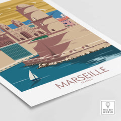Marseille Poster France Wall Art featuring vintage-inspired design and vibrant colors, perfect for home or office decor.