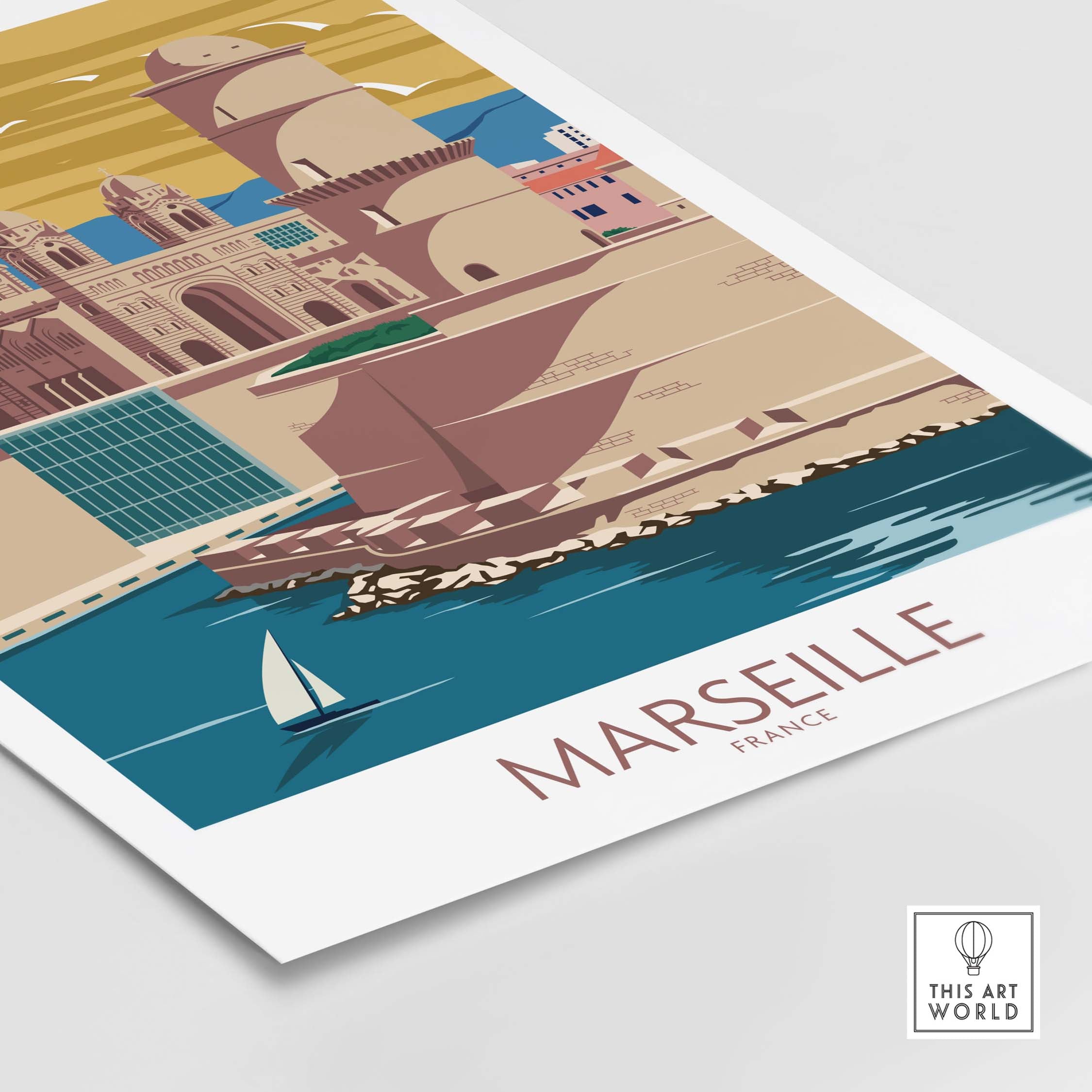 Marseille Poster France Wall Art featuring vintage-inspired design and vibrant colors, perfect for home or office decor.