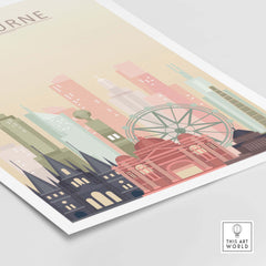 Melbourne skyline print showcasing iconic buildings and attractions in warm pastel tones, perfect for wall art.