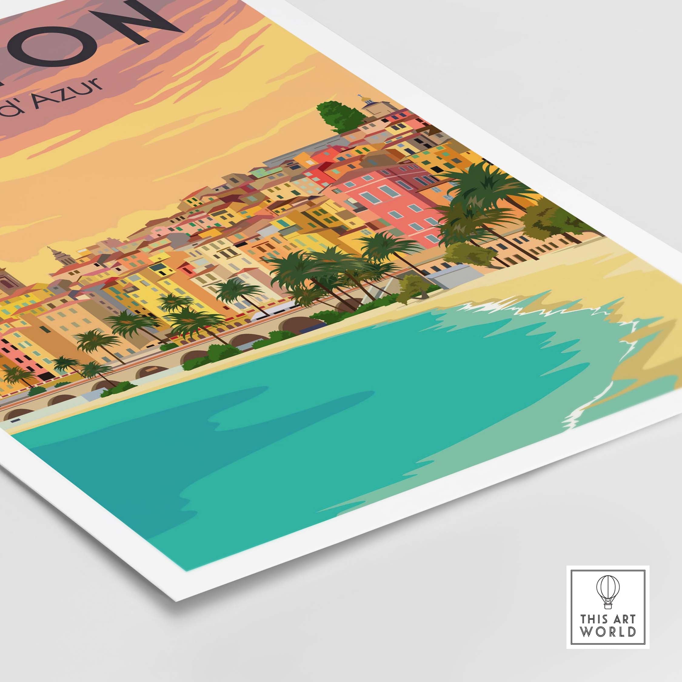 Menton France vintage travel poster featuring colorful buildings and scenic beachfront view.