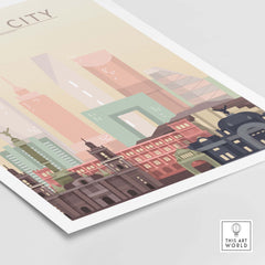 Mexico City skyline wall art print featuring iconic buildings in warm pastel tones.