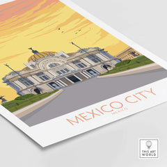 Mexico City Poster Print featuring the iconic Palacio de Bellas Artes in warm sunset colors, perfect for travel art decor.