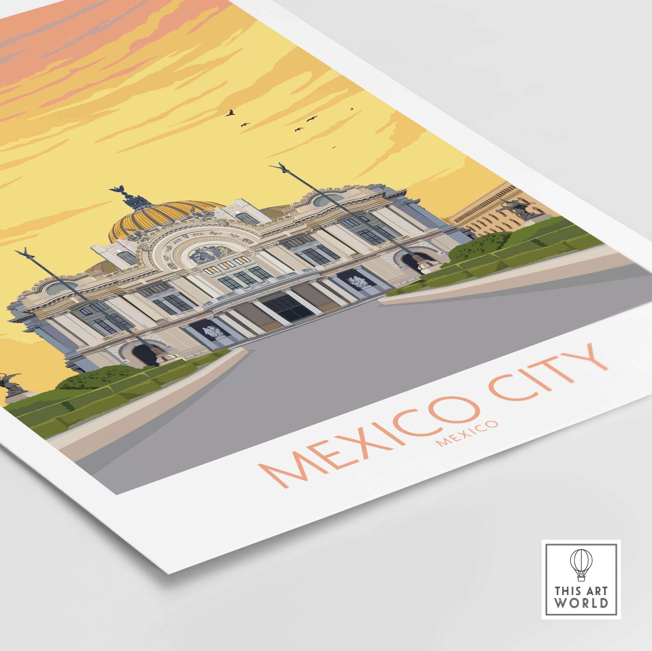 Mexico City Poster Print featuring the iconic Palacio de Bellas Artes in warm sunset colors, perfect for travel art decor.