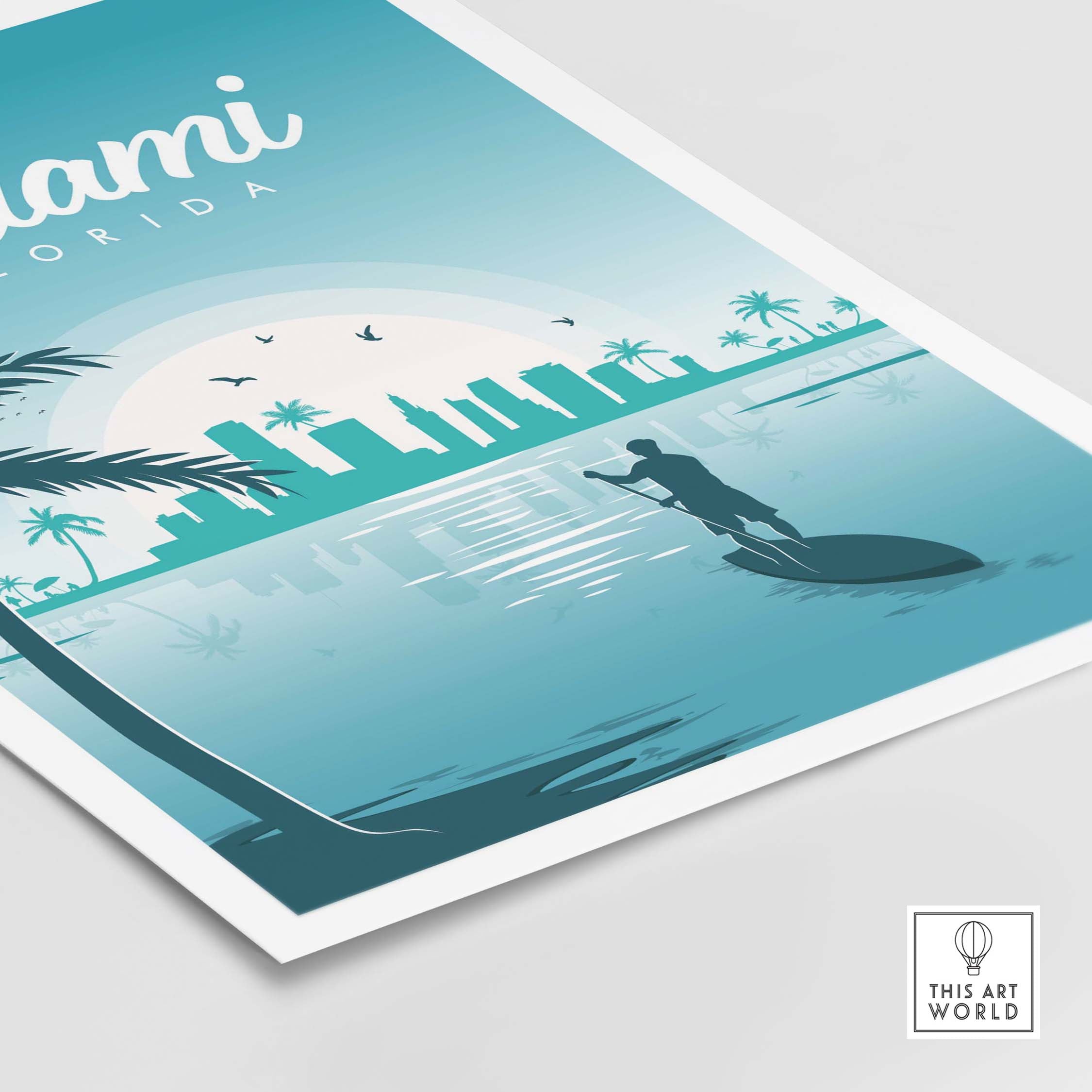 Miami poster wall art print featuring a serene landscape with palm trees and a paddleboarder at sunset.