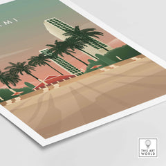 Miami Print Wall Art Poster featuring palm trees and vintage-inspired skyline, perfect for home or office decor.