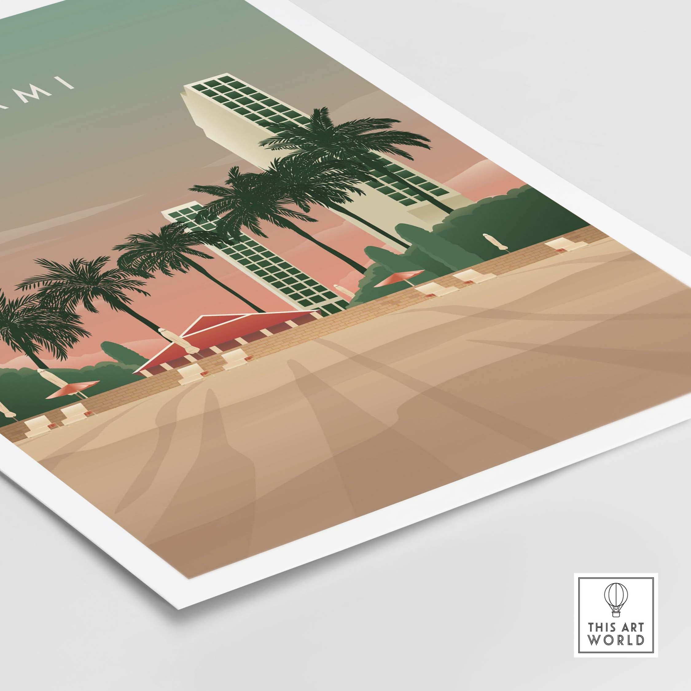 Miami Print Wall Art Poster featuring palm trees and vintage-inspired skyline, perfect for home or office decor.