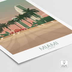Miami Wall Art Poster featuring iconic palm trees and buildings, capturing Miami's vintage travel vibe.