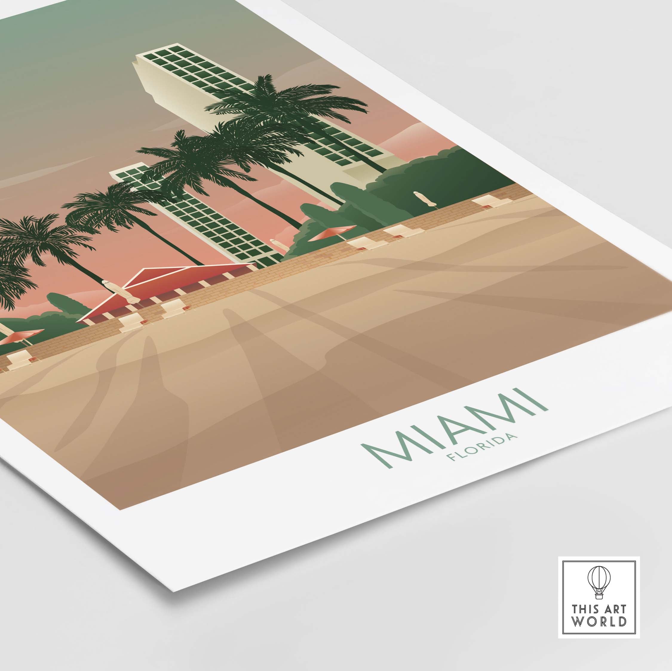 Miami Wall Art Poster featuring iconic palm trees and buildings, capturing Miami's vintage travel vibe.