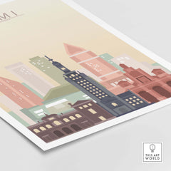 Miami skyline wall art print in warm pastel tones showcasing iconic buildings.