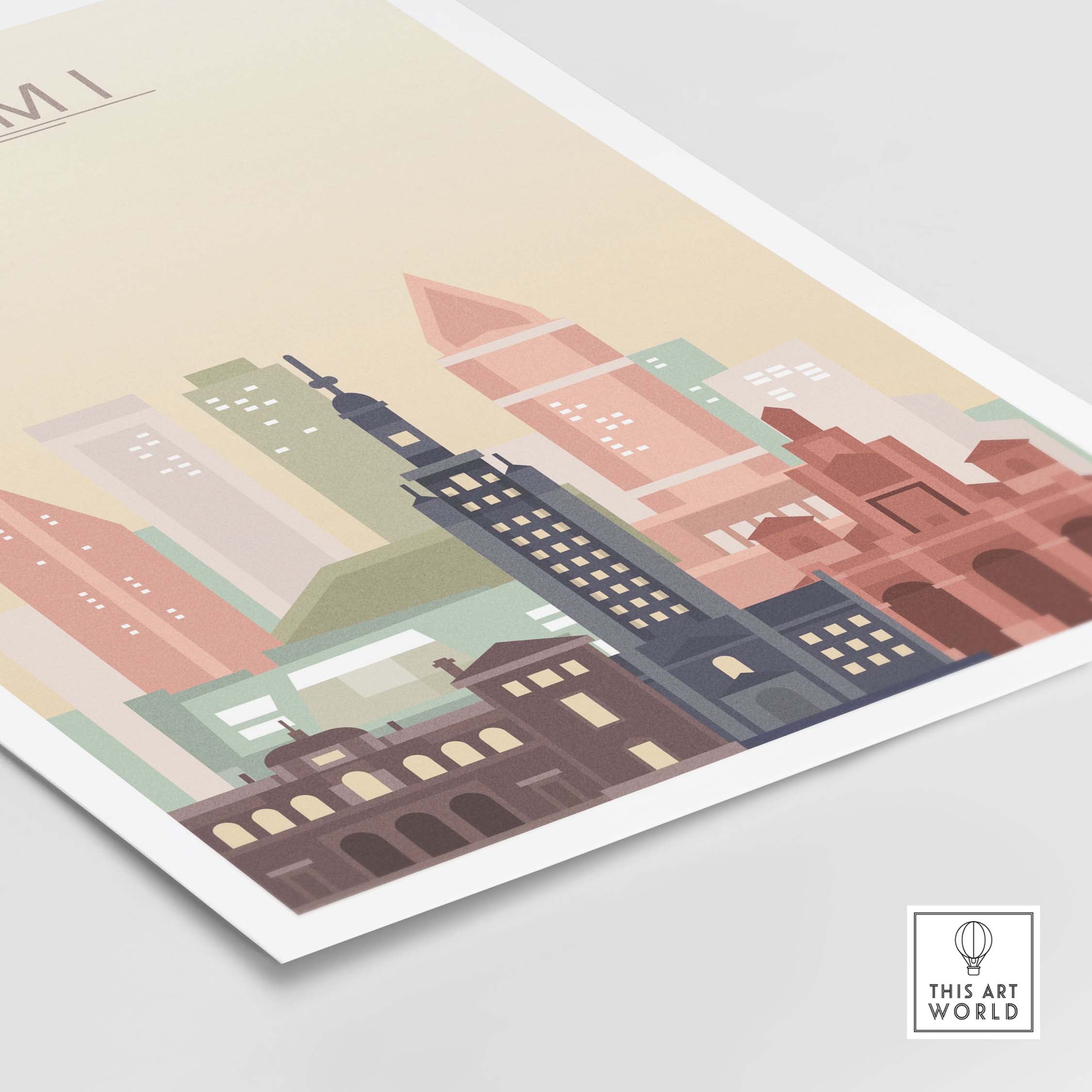Miami skyline wall art print in warm pastel tones showcasing iconic buildings.