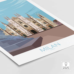 Milan Print Italy Poster featuring the iconic Milan Cathedral in a vintage travel art style.