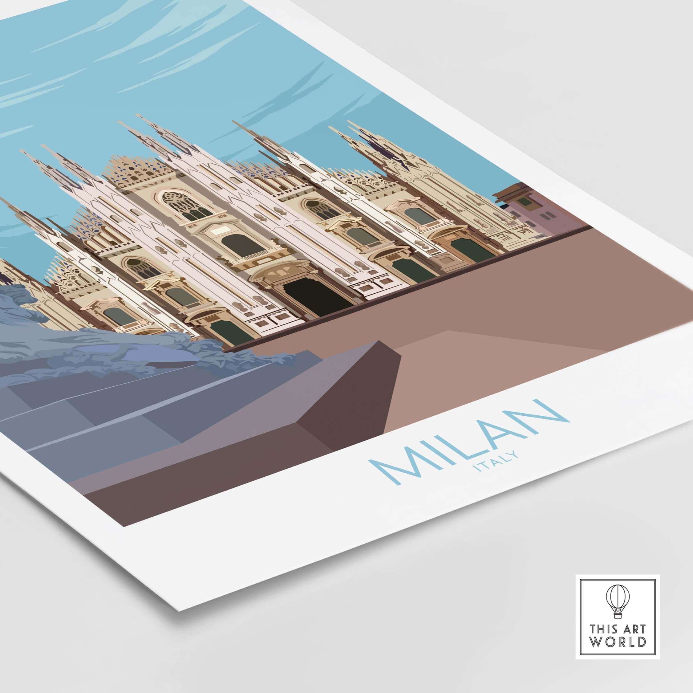 Milan Print Italy Poster featuring the iconic Milan Cathedral in a vintage travel art style.