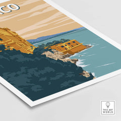 Monaco Wall Art Print featuring a coastal view with vibrant colors and vintage design, perfect for home or office decor.