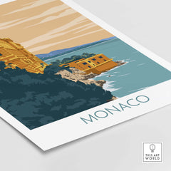 Monaco Poster Print featuring minimalist vintage design of the French Riviera coastline.
