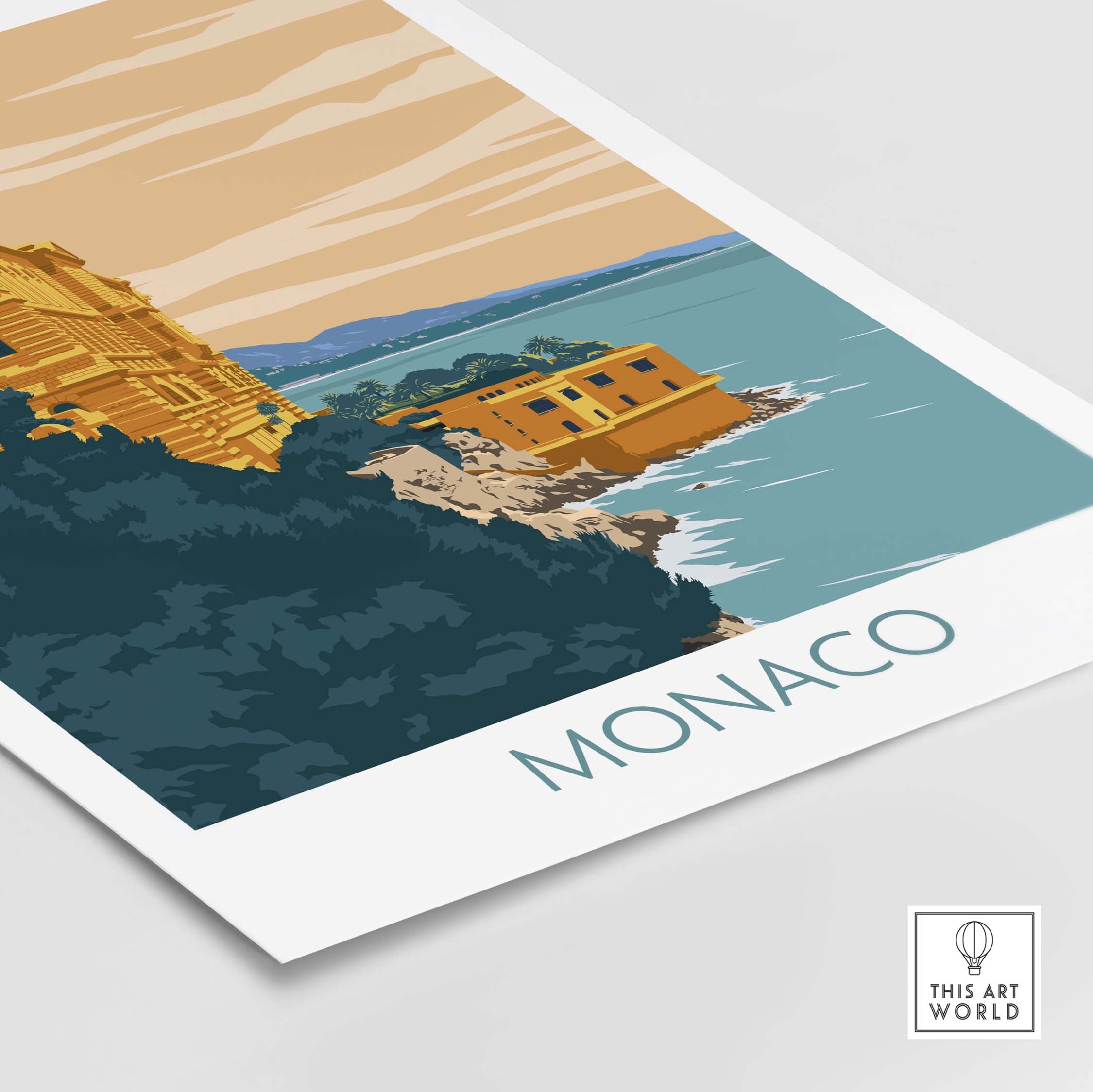 Monaco Poster Print featuring minimalist vintage design of the French Riviera coastline.