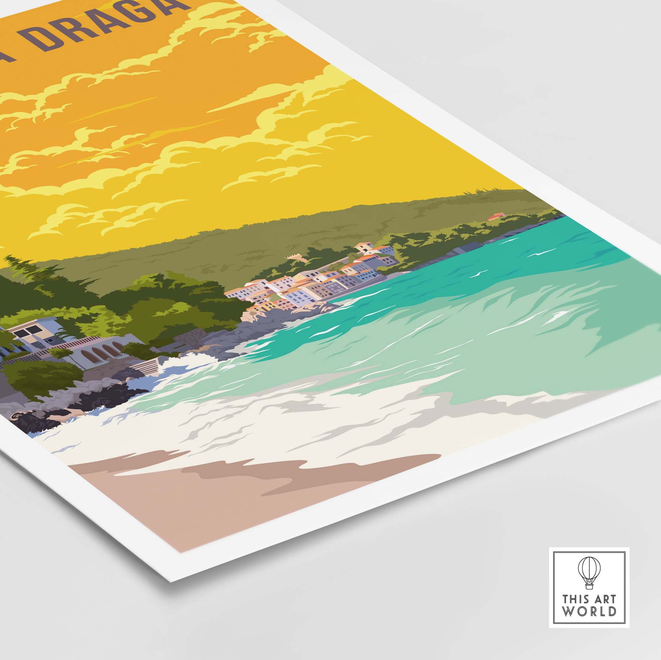 Mošćenička Draga Croatia poster print featuring a vibrant seascape and vintage style design.