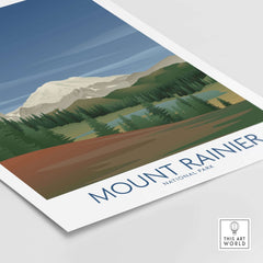 Mount Rainier National Park art print featuring minimalist design and vibrant natural scenery.