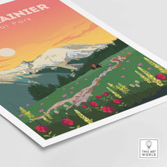 Mount Rainier Print showcasing vintage travel art with mountains and wildflowers for home decor.