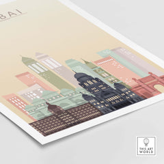 Mumbai Skyline Wall Art Print showcasing iconic buildings in warm pastel tones, perfect for home decor.