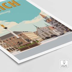 Munich Germany vintage travel poster print showcasing iconic architecture and vibrant colors in minimalist style.
