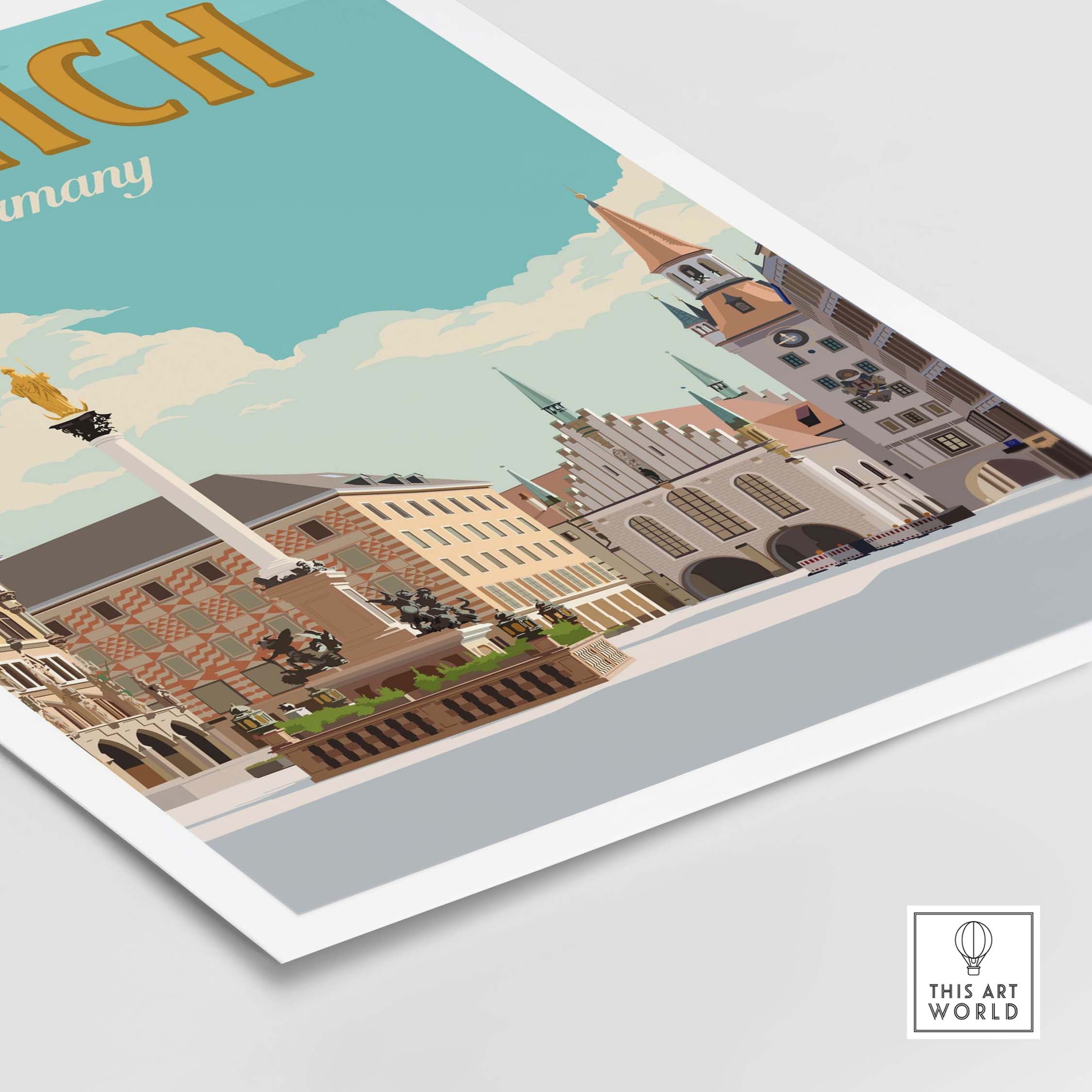 Munich Germany vintage travel poster print showcasing iconic architecture and vibrant colors in minimalist style.