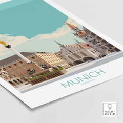 Munich travel poster featuring a minimalist design inspired by vintage artwork, showcasing iconic German architecture.