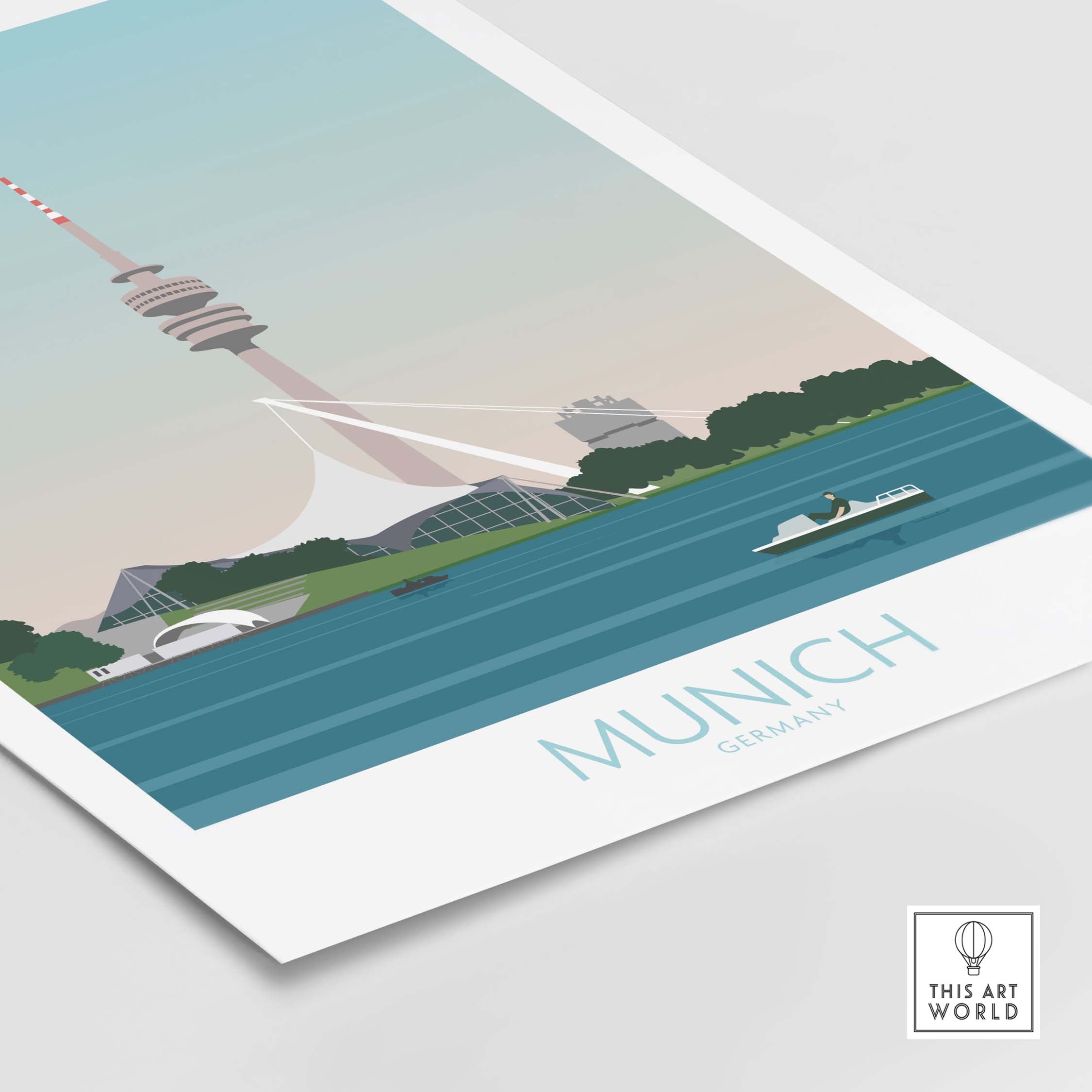 Munich poster print featuring the iconic TV tower and serene river scene, perfect for travel-inspired home decor.