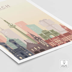 Munich skyline print wall art in pastel tones, showcasing iconic buildings and architecture for stylish decor.