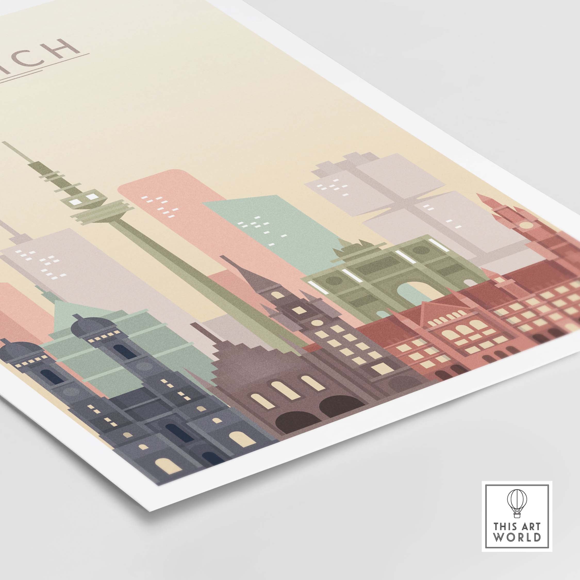 Munich skyline print wall art in pastel tones, showcasing iconic buildings and architecture for stylish decor.