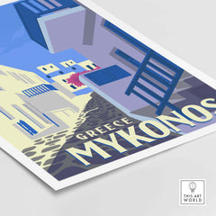 Vintage Mykonos poster art print featuring charming street view in Greece.