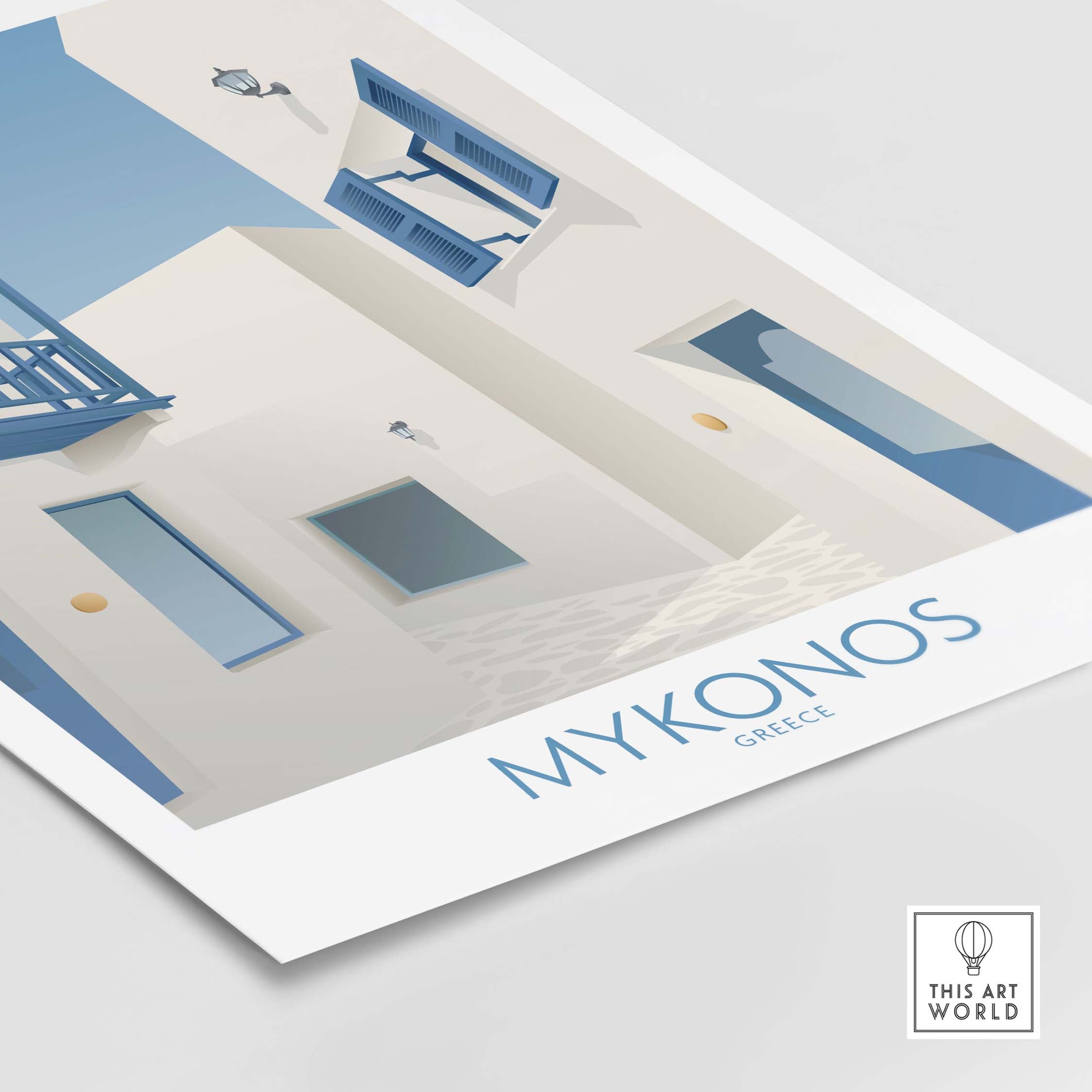Mykonos wall art print featuring a serene building design inspired by vintage travel posters, perfect for home decor.