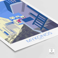 Mykonos Print Travel Poster featuring a picturesque street scene in Greece, ideal for home or office decor.