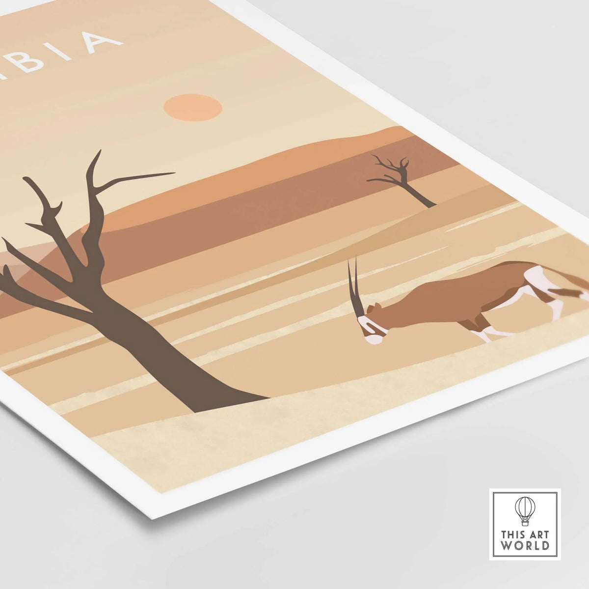 Namibia Print Dunes Poster featuring a serene desert landscape and an antelope, perfect for travel-inspired wall art.