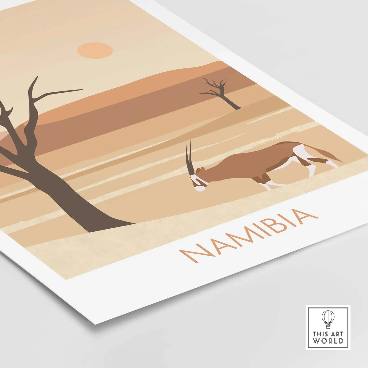 Namibia Travel Poster Print featuring desert landscape and wildlife in warm tones, ideal for home or office decor.