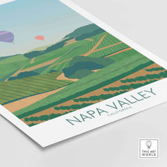 Napa Valley print showcasing vineyards and hot air balloons in California, perfect for nostalgic travel art decor.