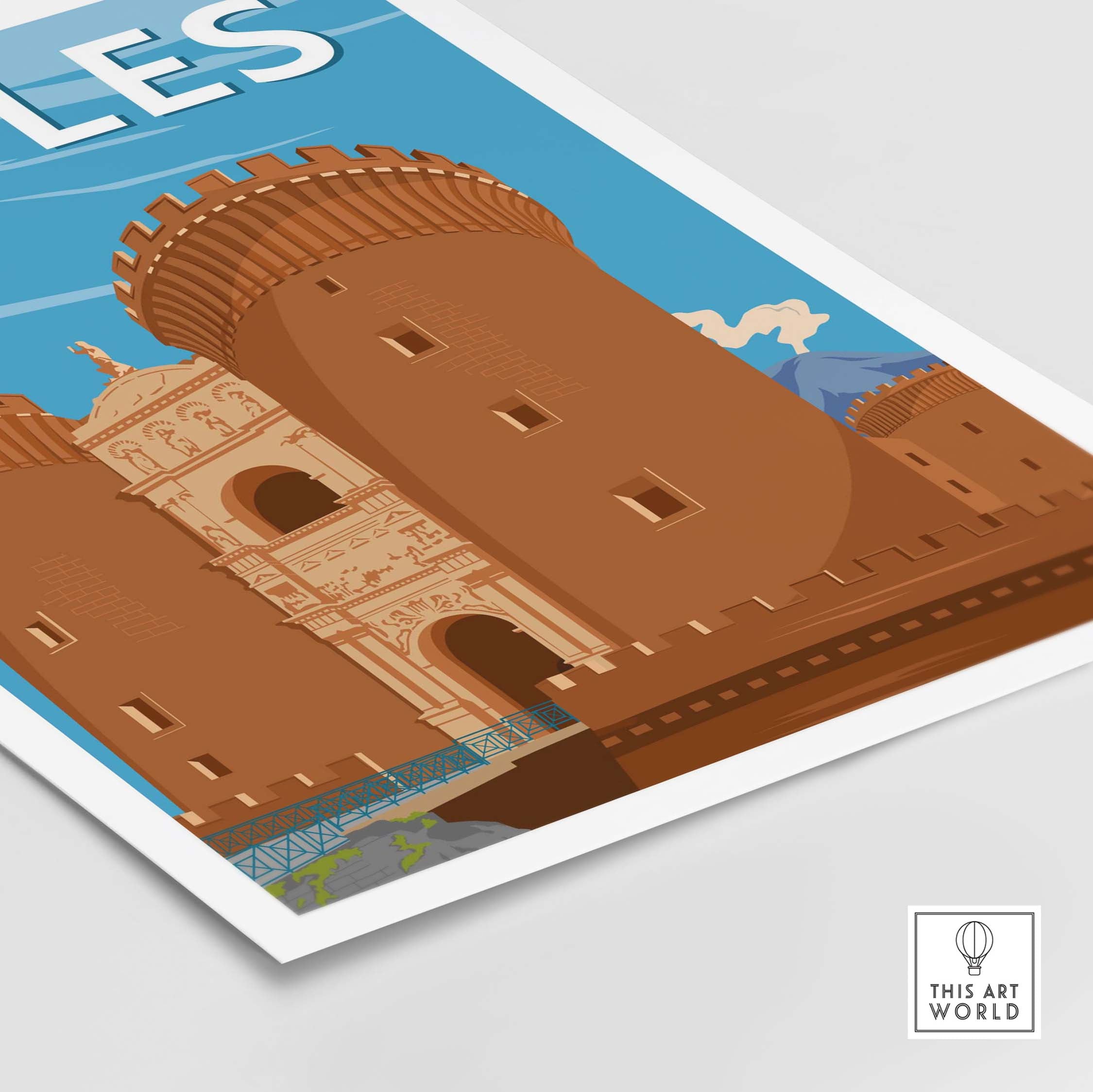 Naples Italy vintage travel poster print featuring a historic castle and vibrant blue sky.