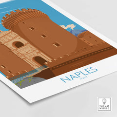 Vintage-inspired Naples Italy poster featuring a castle with a blue sky backdrop, ideal for home or office decor.