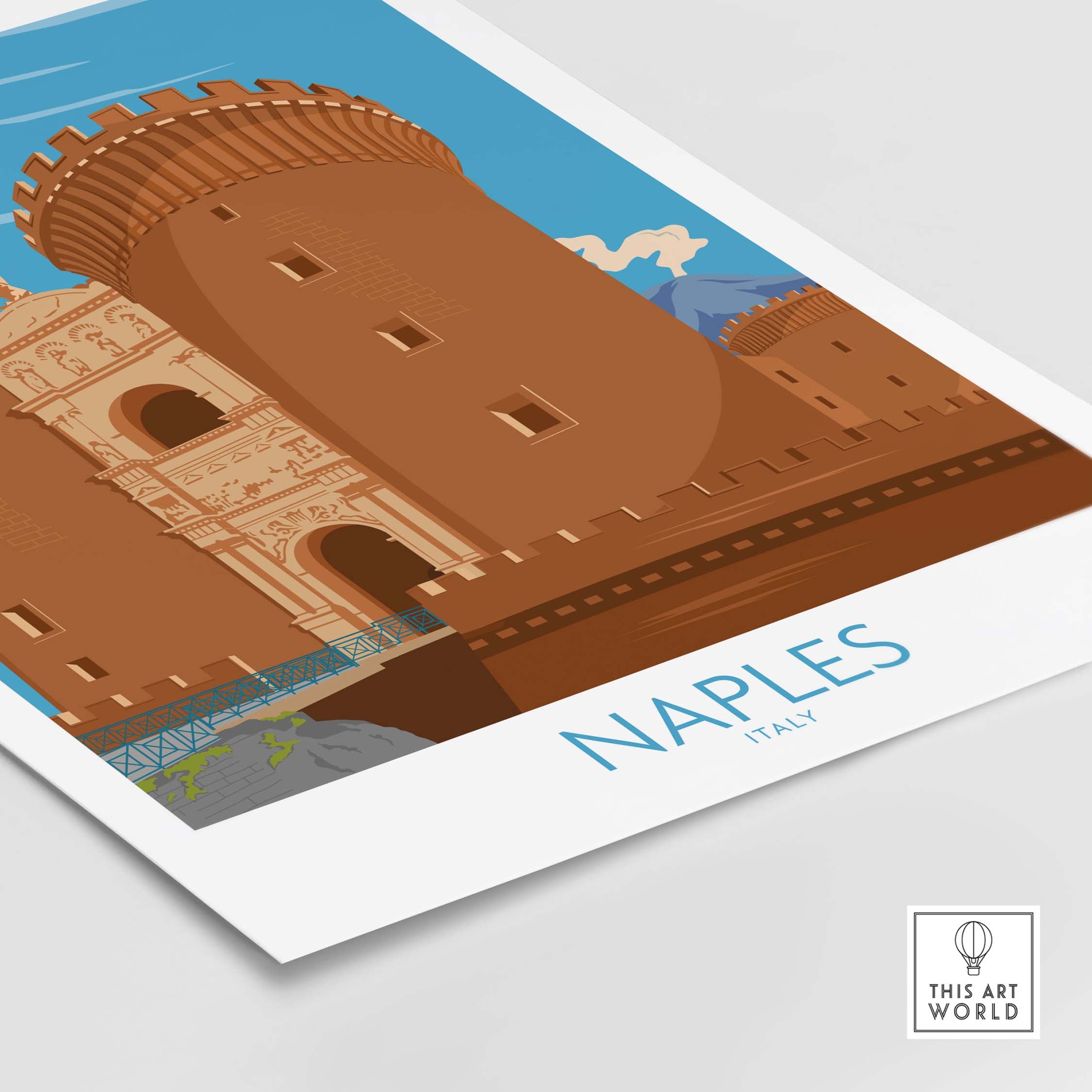 Vintage-inspired Naples Italy poster featuring a castle with a blue sky backdrop, ideal for home or office decor.