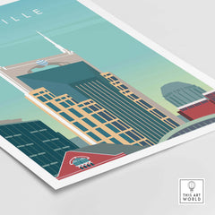 Nostalgic Nashville art print featuring iconic city skyline in vibrant colors, perfect for home or office decor.